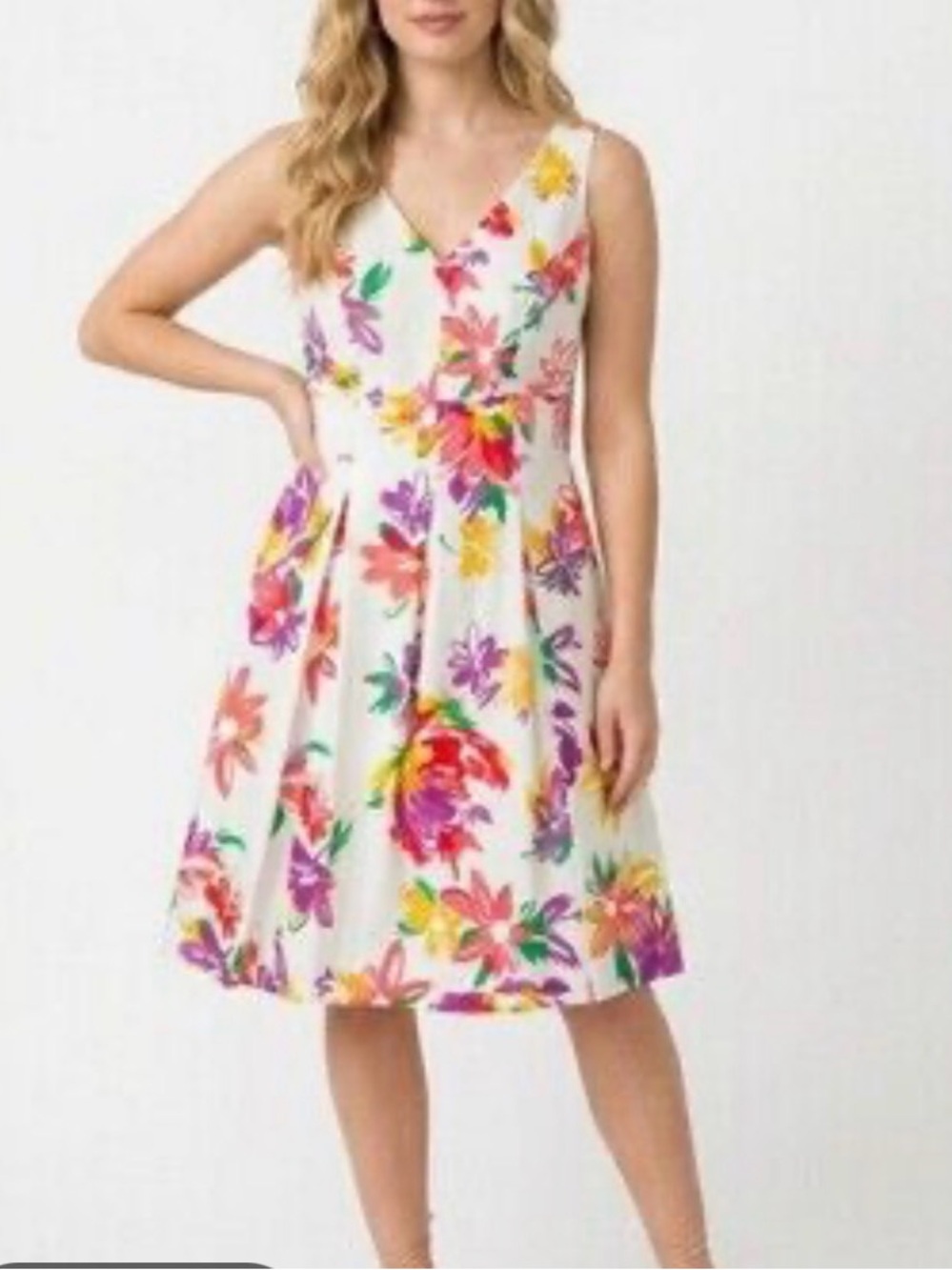 CHAPS WHITE/ Multicolor FLORAL Print DRESS V-Neck.  Size 10